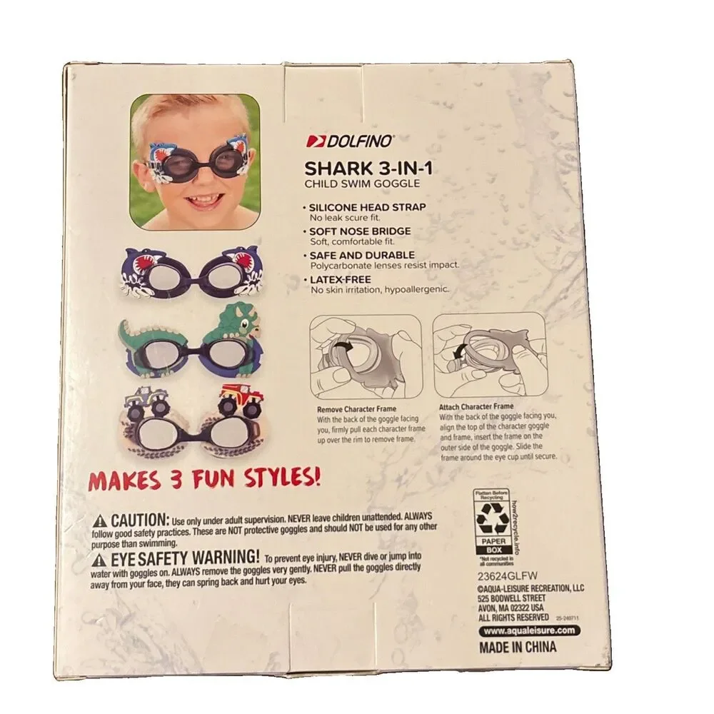 NIB Dolfino Shark 3-in-1 Kids Swim Goggles Ages 3+ Latex-Free